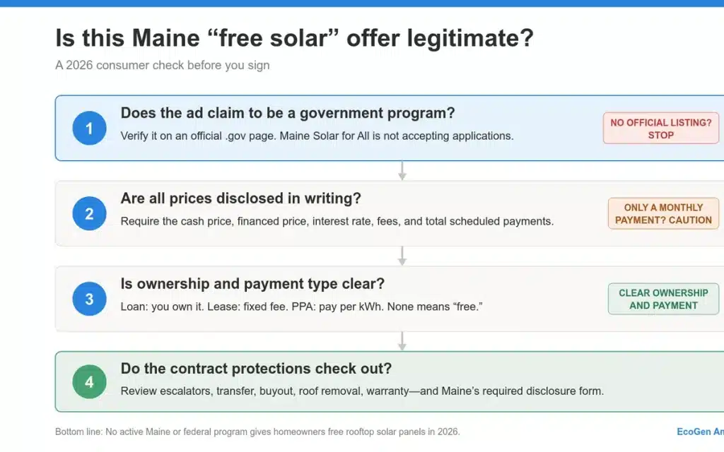 Checklist for determining whether a Maine free solar offer is legitimate in 2026