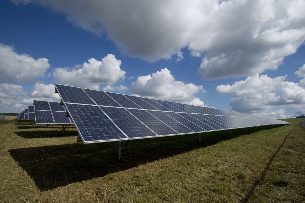 Rows of solar panels in the sunlight